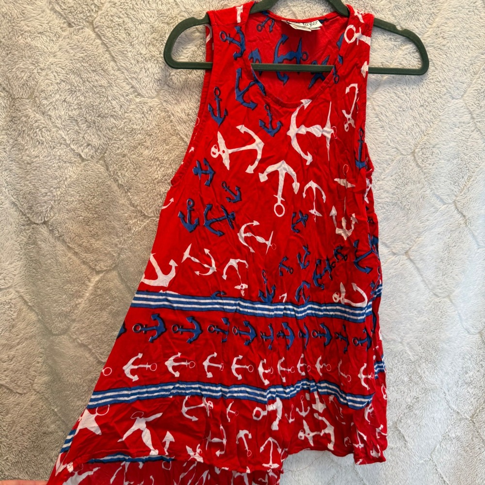 Jessica Taylor Red Nautical Anchor Tunic Tank Top Sharkbite Hem Rayon One Size